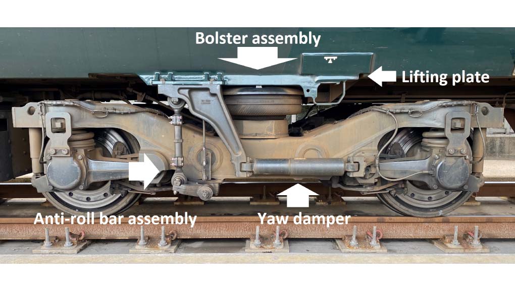 Photographs of wheel bogie arrangement showing the bolster assembly above the wheels. Close-up pictures showing the lifting plate and the yaw damper bracket.
