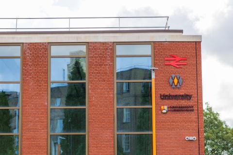 University station, new station building and with Network Rail, Transport for West Midlands, University and University of Birmingham logos