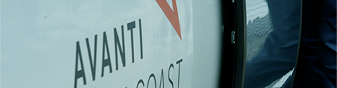 Close up of Avanti logo on side of a train