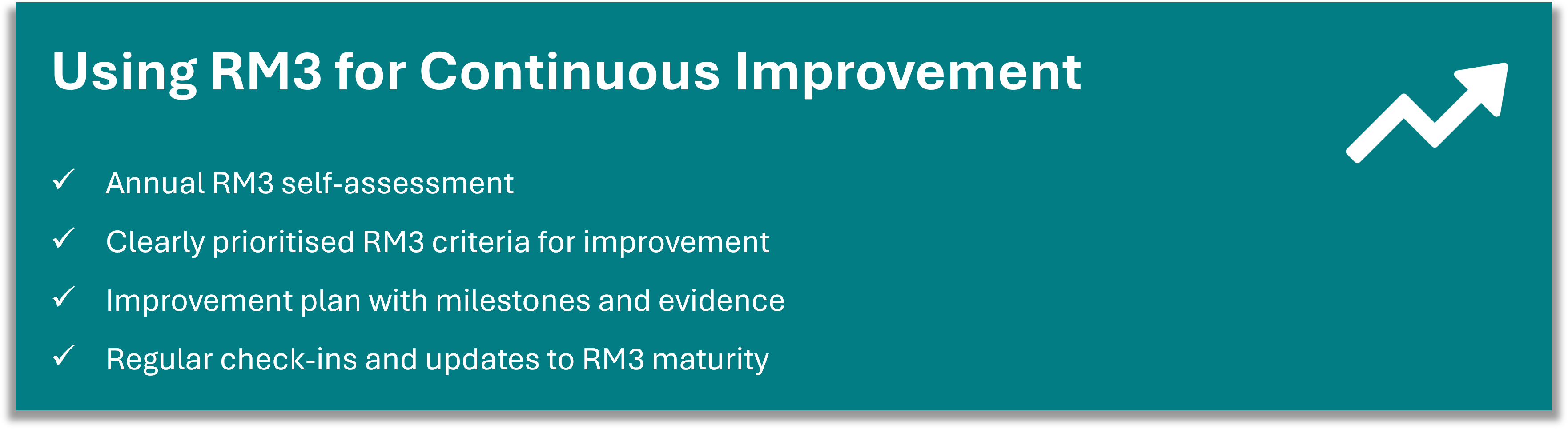 RM3 is used to support continuous improvement through regular review and action. Achieved through annual RM3 self-assessment, prioritising improvement areas, setting improvement plans with evidence, and regular updates to RM3 maturity.