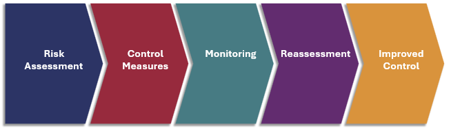 Four connected elements show a pathway to improved control, starting with risk assessment, progressing to control measures, then to monitoring, followed by reassessment, and ultimately resulting in improved control.