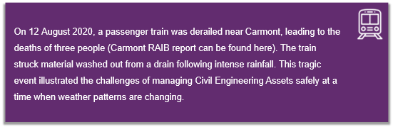 On 12 August 2020, a passenger train was derailed near Carmont, leading to the deaths of three people (Carmont RAIB report can be found here). The train struck material washed out from a drain following intense rainfall. This tragic event illustrated the challenges of managing Civil Engineering Assets safely at a time when weather patterns are changing.