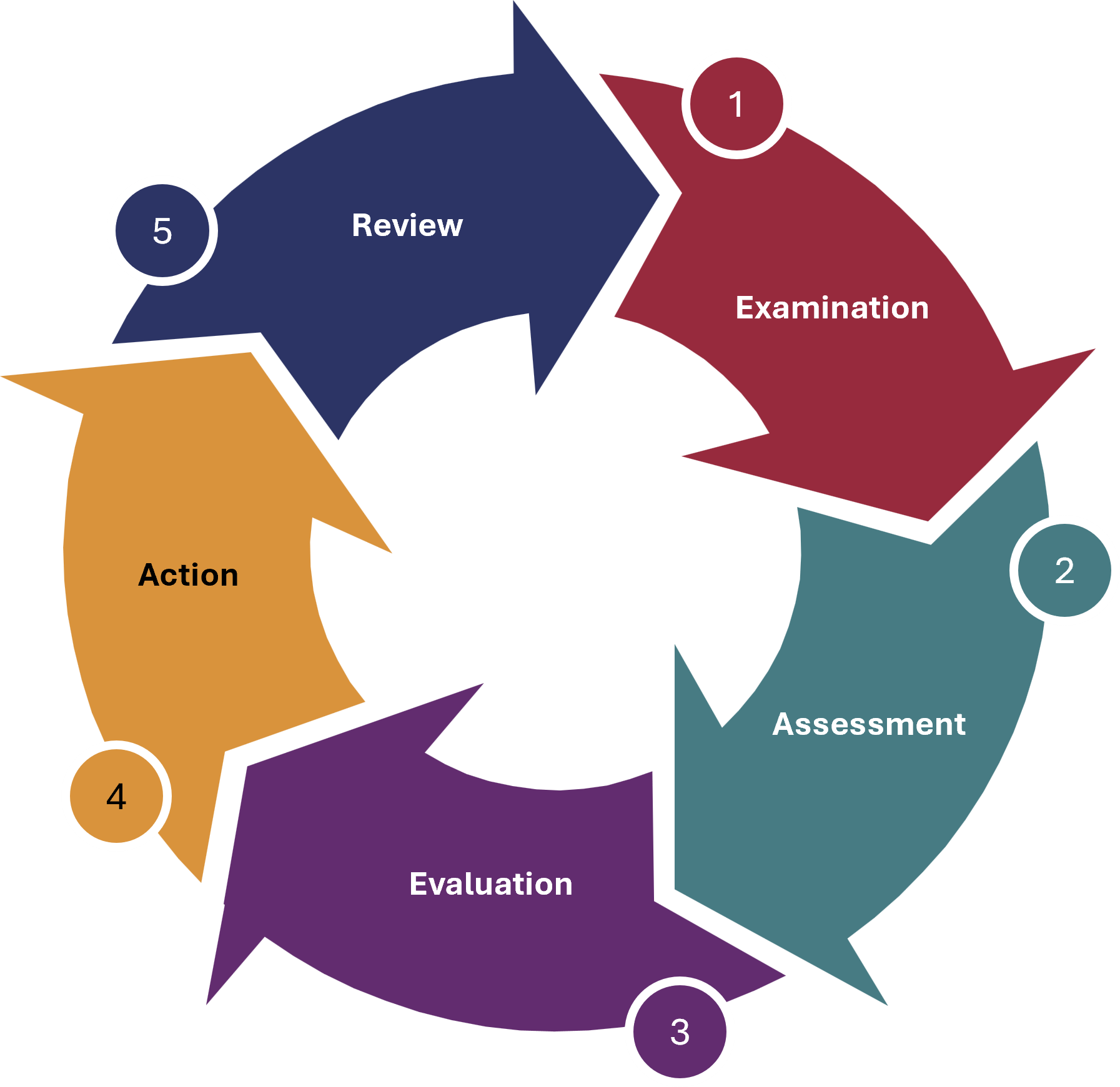 A continuous civil engineering asset management cycle. The cycle moves through examination, assessment, evaluation, and action, followed by review. This approach supports ongoing learning, assurance, and improvement over time.