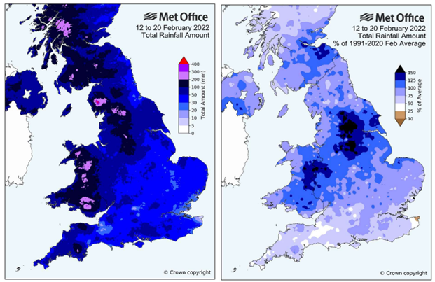 Map‑based chart showing rainfall accumulations across the United Kingdom during February 2022, associated with Storms Dudley, Eunice and Franklin. The figure displays areas of varying rainfall intensity, with some regions experiencing higher rainfall totals and others lower amounts during the period shown. The map illustrates the geographical distribution of rainfall during these storm events, alongside the widespread weather impacts experienced at the time. The figure provides context for the operational response, including line closures and speed restrictions, during February 2022.