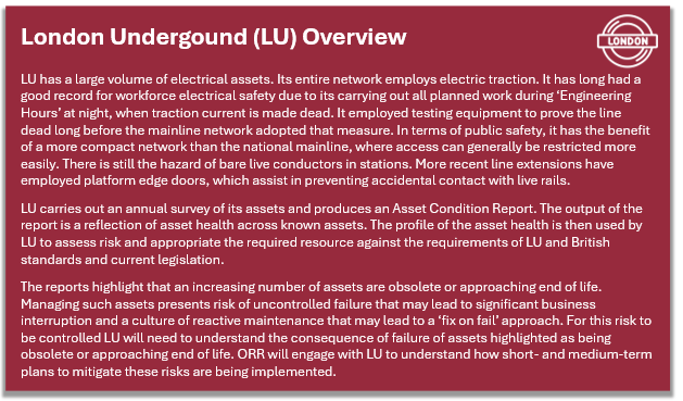 London Undergound (LU) Overview  LU has a large volume of electrical assets. Its entire network employs electric traction. It has long had a good record for workforce electrical safety due to its carrying out all planned work during ‘Engineering Hours’ at night, when traction current is made dead. It employed testing equipment to prove the line dead long before the mainline network adopted that measure. In terms of public safety, it has the benefit of a more compact network than the national mainline, where access can generally be restricted more easily. There is still the hazard of bare live conductors in stations. More recent line extensions have employed platform edge doors, which assist in preventing accidental contact with live rails. LU carries out an annual survey of its assets and produces an Asset Condition Report. The output of the report is a reflection of asset health across known assets. The profile of the asset health is then used by LU to assess risk and appropriate the required resource against the requirements of LU and British standards and current legislation.  The reports highlight that an increasing number of assets are obsolete or approaching end of life. Managing such assets presents risk of uncontrolled failure that may lead to significant business interruption and a culture of reactive maintenance that may lead to a ‘fix on fail’ approach. For this risk to be controlled LU will need to understand the consequence of failure of assets highlighted as being obsolete or approaching end of life. ORR will engage with LU to understand how short- and medium-term plans to mitigate these risks are being implemented. 