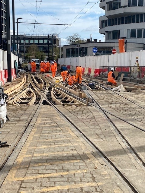 Tram track replacement works near East Croydon mainline station and tram stop.