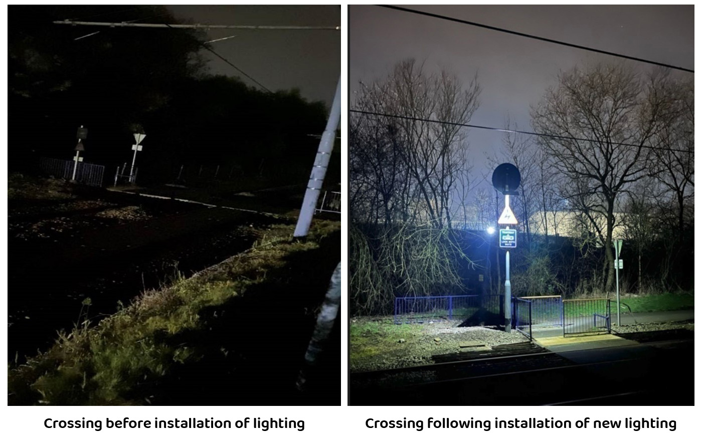 Level crossing before (left) and after (right) installation of new lighting.