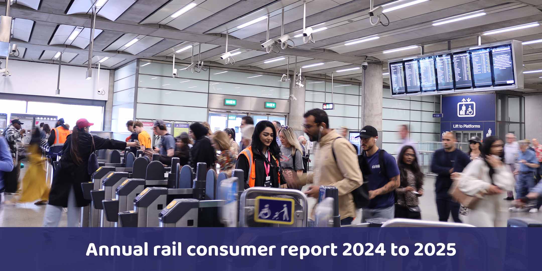 Passengers through ticket gates at London St Pancras International station