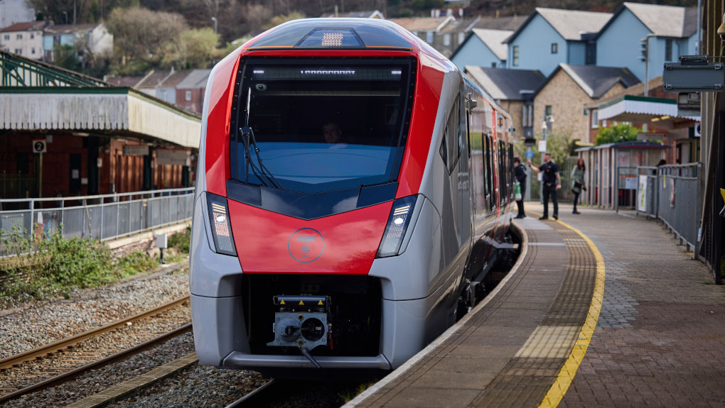 Transport for Wales train approaching Pontypridd station.