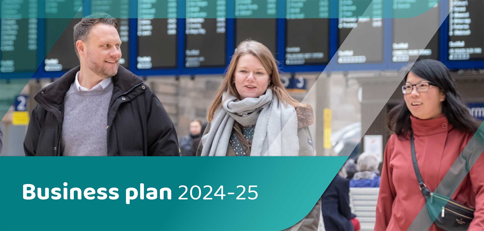 ORR business plan cover image featuring 3 people walking through a railway station.