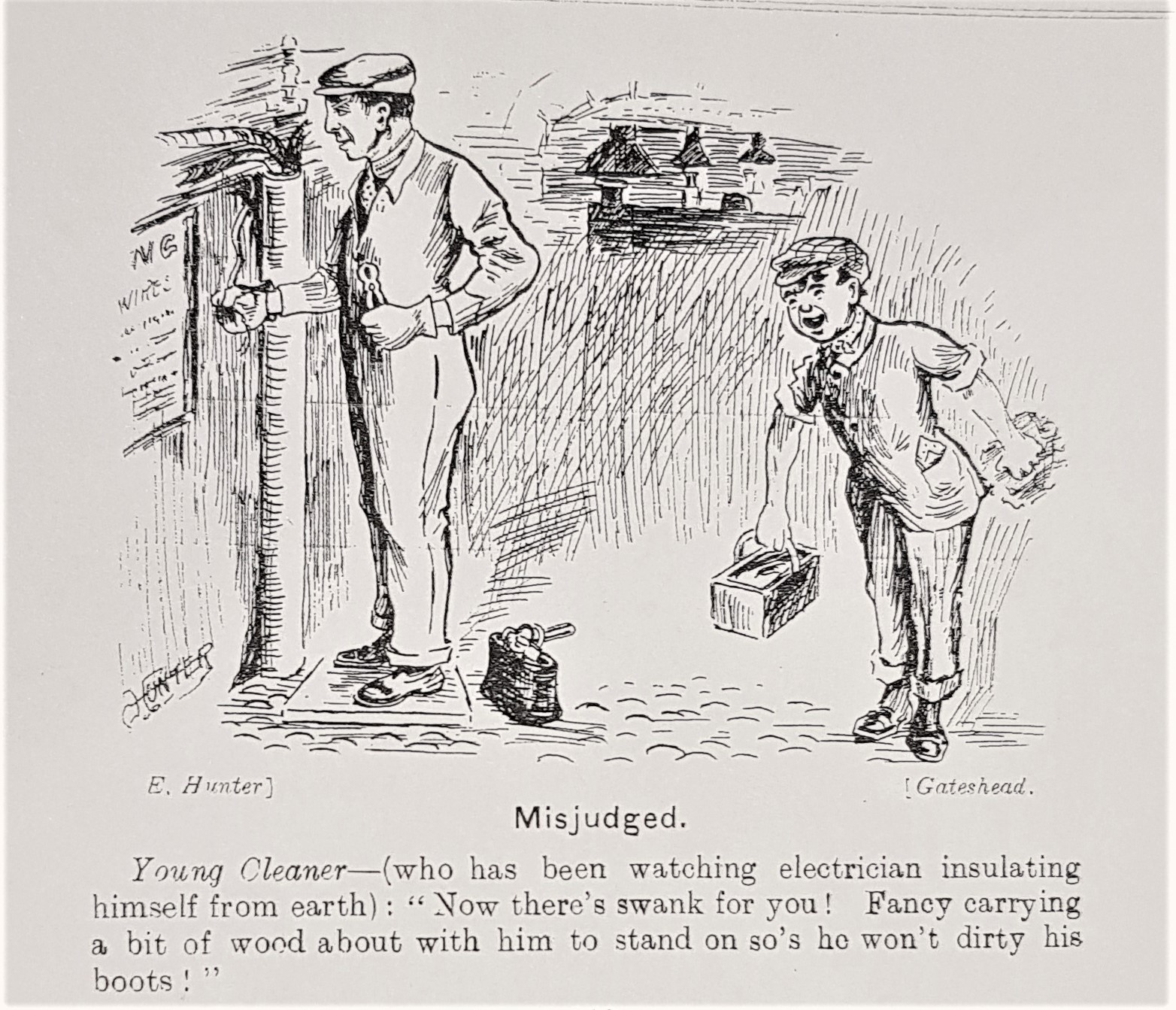 Cartoon from 1913, taking a humorous approach to issues around electrical safety