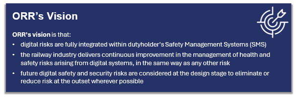 ORR’s Vision: ORR’s vision is that: digital risks are fully integrated within dutyholder’s Safety Management Systems (SMS) the railway industry delivers continuous improvement in the management of health and safety risks arising from digital systems, in the same way as any other risk future digital safety and security risks are considered at the design stage to eliminate or reduce risk at the outset wherever possible.