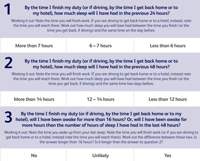 Mini self assessment tool from RSSB with 7 questions. 1. by the time i finish my duty (or if driving, by the time i get back home or to my hotel) how muh sleep will i have had in the previous 24 hours? 2. by the time i finsh my duty (if driving, by the time i get back home or to my hotel) how much sleep will i have had in the prvious 48 hours? 3. by the time i finish my duty (or if driving by the time i get back home or to my hotel) will i have been awake for more than 16 hours? or will i have been awake for more hours than the number of hours of sleep i have had in the last 48 hours?