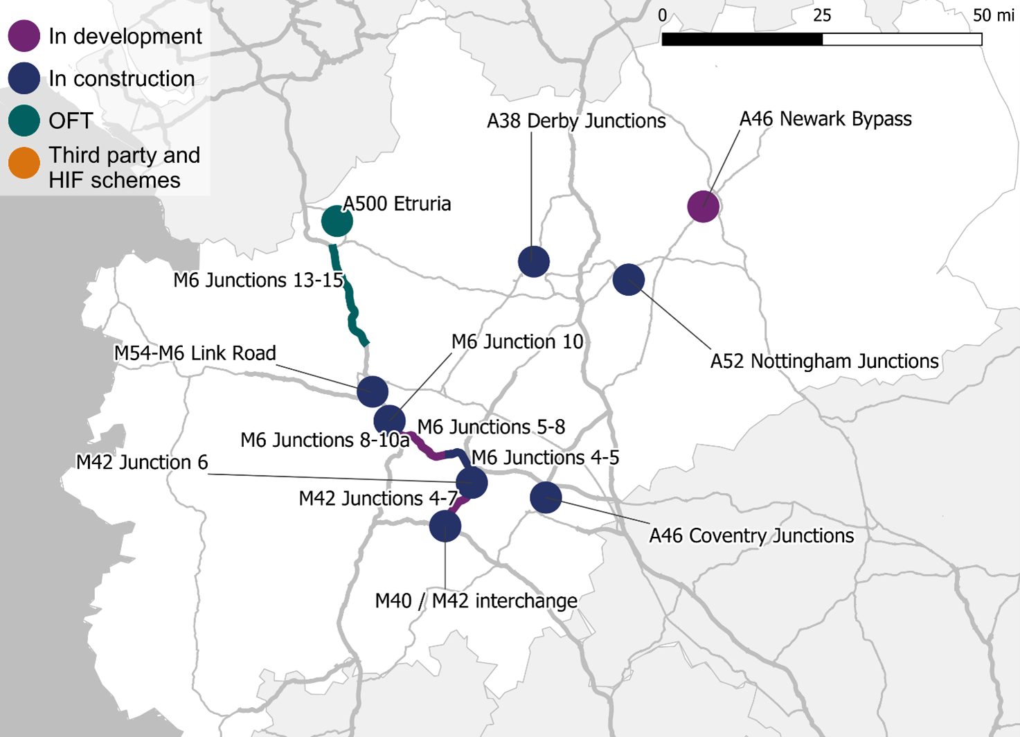 Map showing the location of all schemes listed in table B12