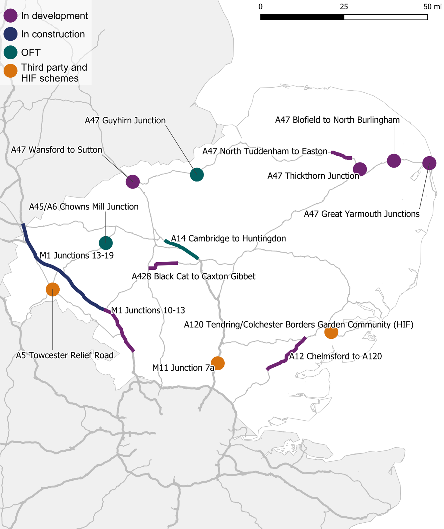 This map and key show the status of schemes in the  East.  A14 Cambridge to Huntingdon is in the complex infrastructure programme, it is open to traffic, it met its start and opening commitments; A47 Wansford to Sutton is in the regional investment programme, it is in development, it is on target to meet start of work commitment and open for traffic commitment; RIP A 47 Great Yarmouth Junctions is in the regional investment programme, it is in development, it is on target to meet its start work and open for traffic commitments;  A47 Guyhirn junction is in the regional investment programme, it is open to traffic, it met its  start and open for traffic commitments; A47 North Tuddenham is in the regional investment programme, it is in development, it is on target to meet its start and open for traffic commitments; A47 Thickthorn junction is in the regional investment programme, it is in development, it is on target to meet its start and open for traffic commitments; A47 Blofield to North Burlingham is in the regional investment programme, it is in development, it missed its start of work commitment, it is on target to meet its open for traffic commitment; A12 Chelmsford to A120 is in the complex infrastructure programme, it is in development, it is at risk of meeting its start of work commitment, it is on target to meet its open for traffic commitment; M1 J10 to 13 retrofit upgrade DHS to ALR is in the smart motorway programme, it is in development, its start of work and open for traffic commitments have been paused.