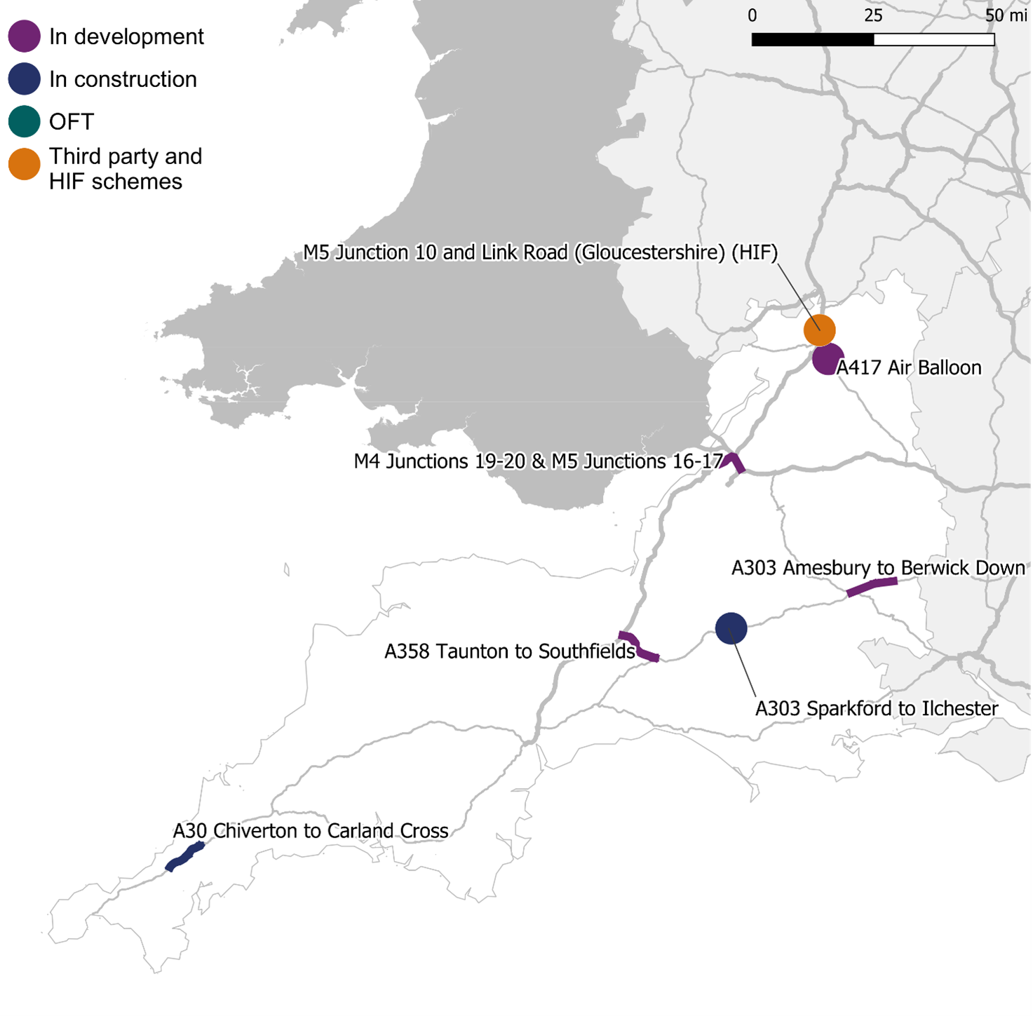 Map showing the location of all schemes listed in table B15