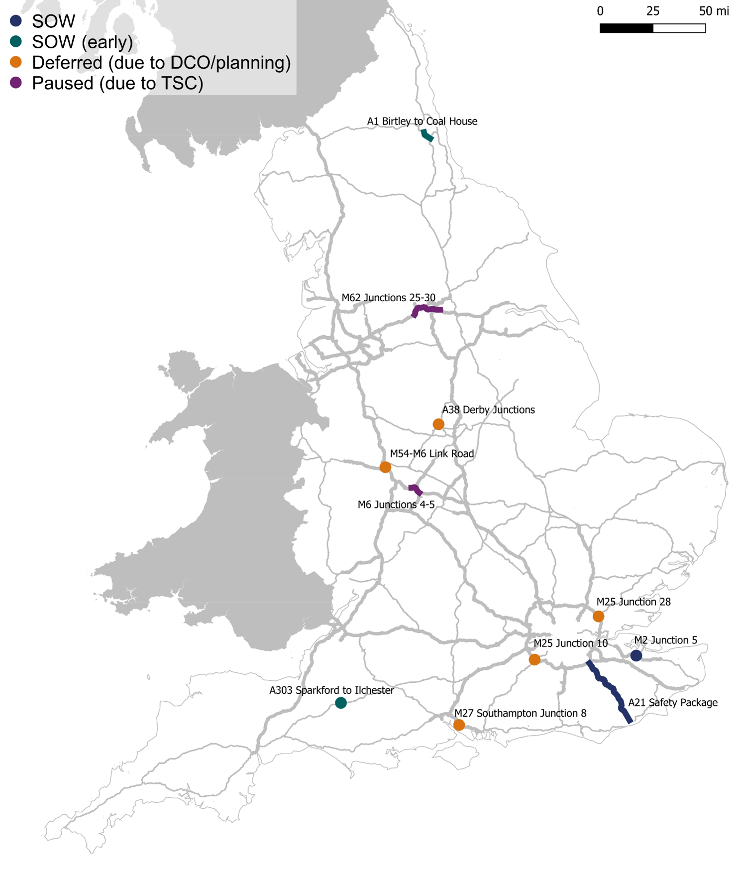 This map shows schemes and their status: A1 Birtley to Coal House SOW early; M62 Junctions 25 to 30 Paused (due to TSC); A38 Derby Junctions Deferred (due to DCO/planning); M54-M6 Link Road Deferred (due to DCO/Planning); M6 Junctions 4 to 5 Paused (due to TSC); M25 Junction 28 Deferred (due to DCO/Planning); M25 Junction 10 Deferred (due to DCO/planning); M2 Junction 5 SOW; A21 Safety Package SOW; M27 Southampton Junction 8 Deferred (due to DCO/planning); A303 Sparkford to Ilchester SOW (early)