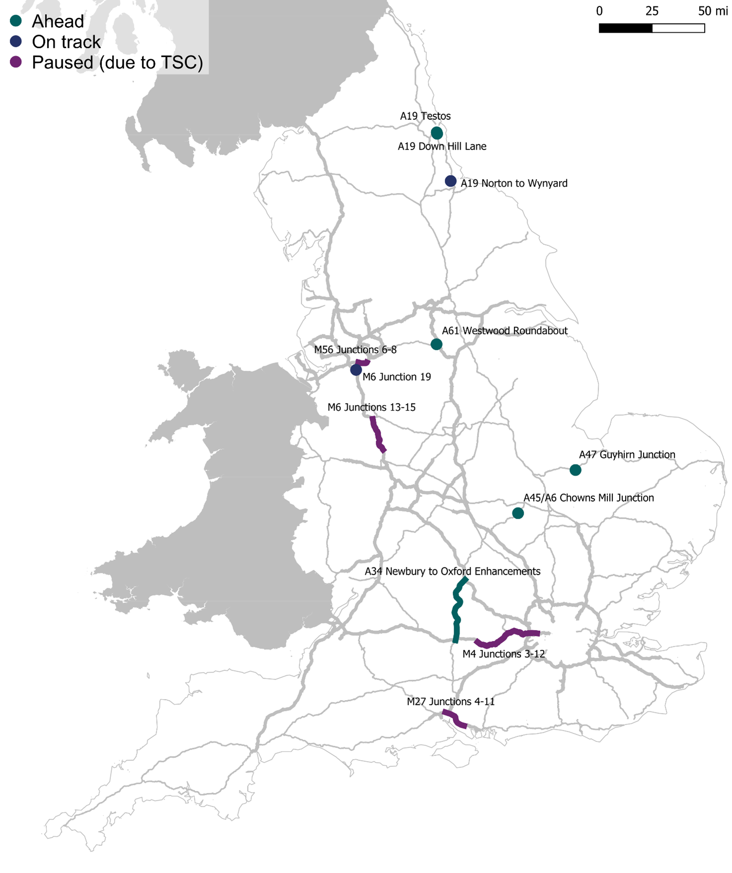 Map of scheme location and status A19 Testos ahead; A19 Down Hill Lane ahead; A61 Westwood Roundabout ahead; M56 Junctions 6 to 8 Paused (due to TSC); M6 Junction 19 On track; A47 Guyhirn Junction ahead of schedule; A45/A6 Chowns Mill Junction ahead of schedule; A34 Newbury to Oxford Enchantments ahead of schedule; M4 Junctions 3 -12 Paused (due to TSC); M27 Junction 4 - 11 Paused (due to TSC).