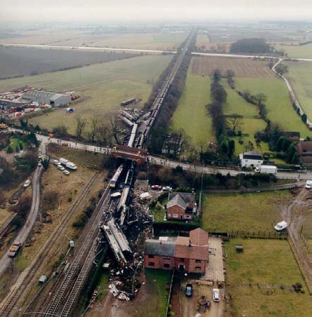 Aerial image of the Great Heck train crash on 28th February 2001
