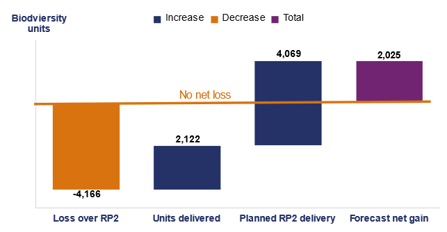 This column chart shows the amount of biodiversity lost and offset to reach no net loss on the strategic road network as at April 2023. The loss over the second road period (RP2) is 4,166 biodiversity units, this is offset by 2,122 biodiversity units delivered, with 4,069 biodiversity units planned for delivery in RP2. This leaves a forecast net gain of 2,025 biodiversity units.