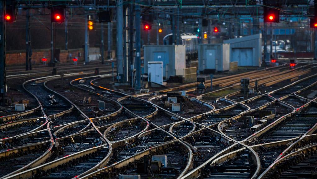 Tracks at night at a railway station