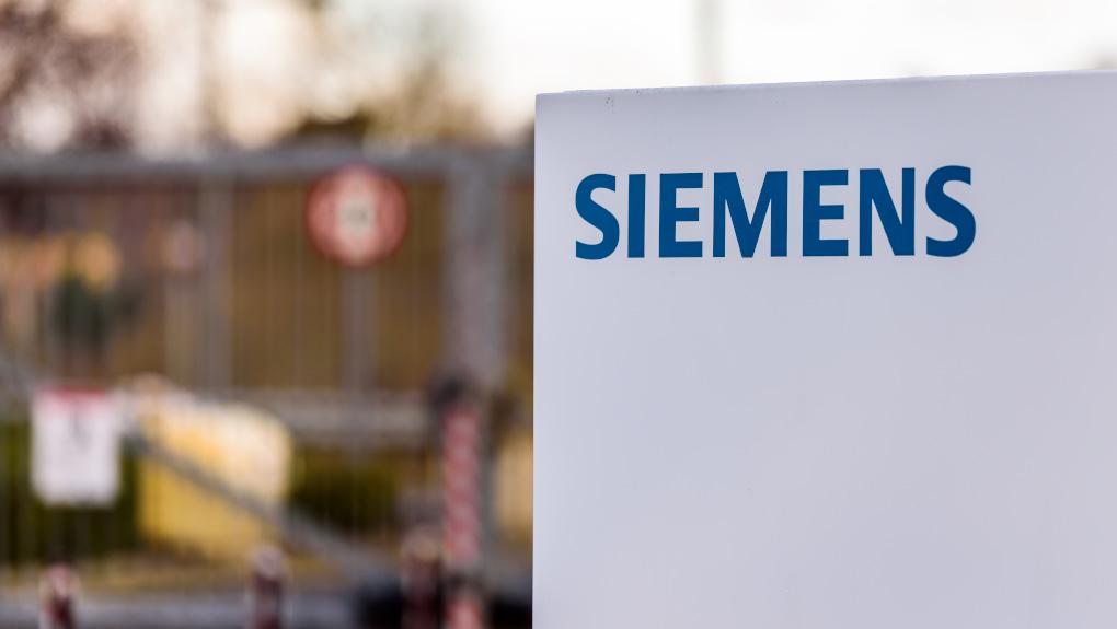 Siemens company logo on sign.