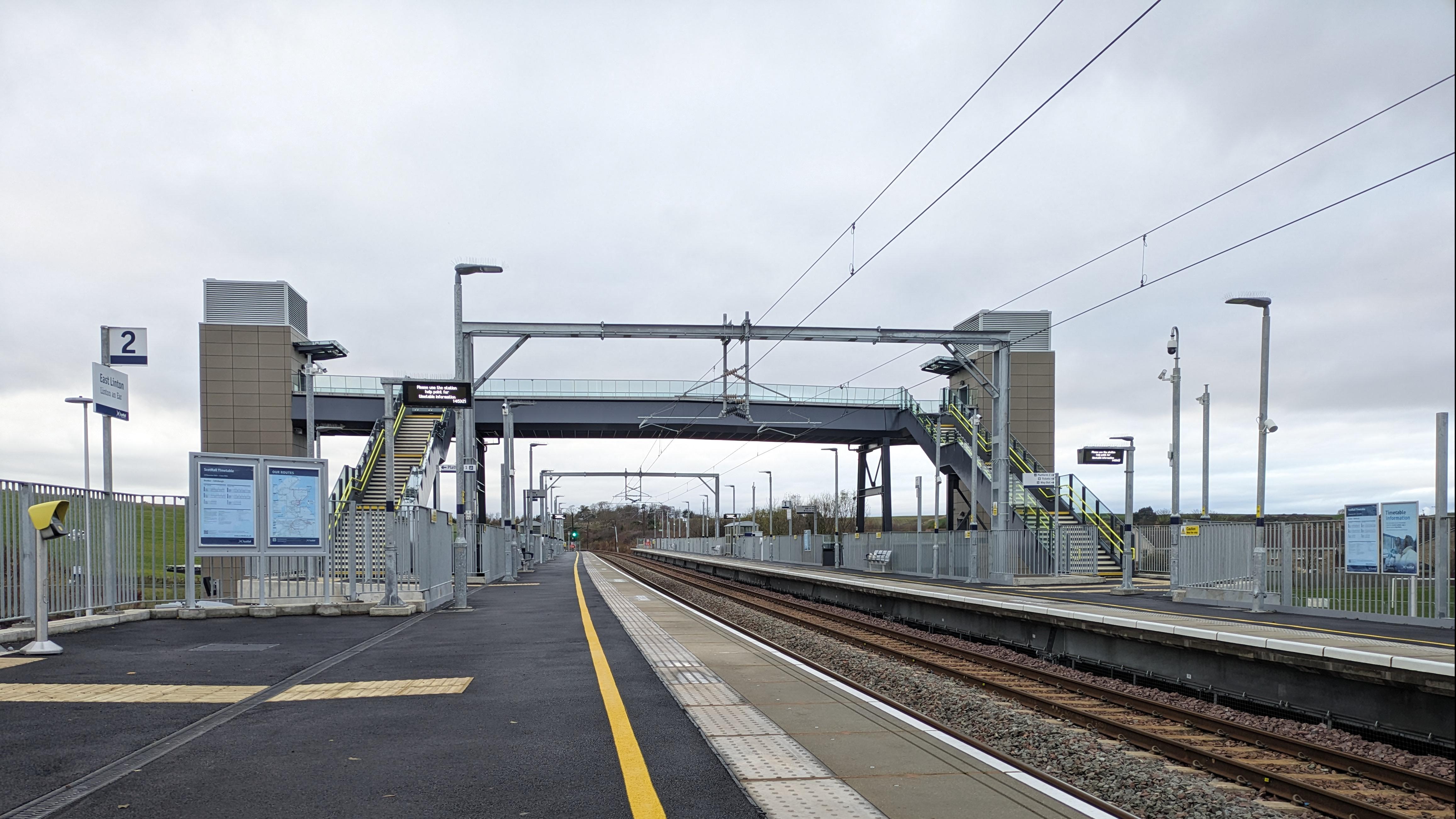 East Linton station platform and footbridge.
