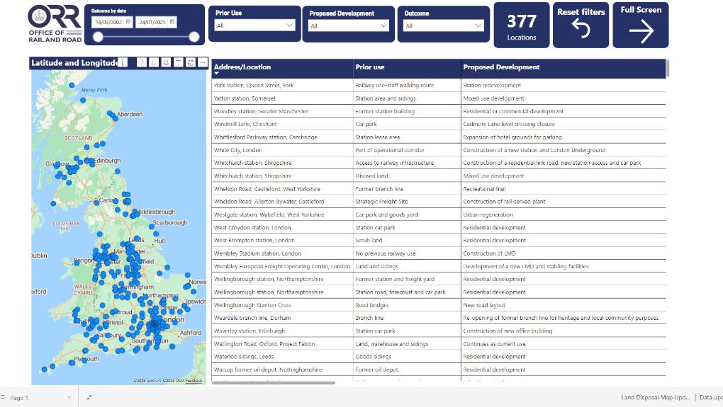Power BI interactive map displaying land disposal decisions since 2002