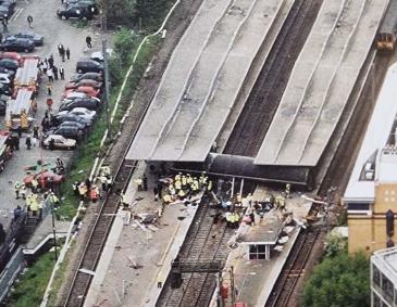 Aerial view of Potters Bar rail crash