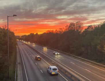 A picture of a dual carriageway bordered by tall trees with a sunset on the horizon