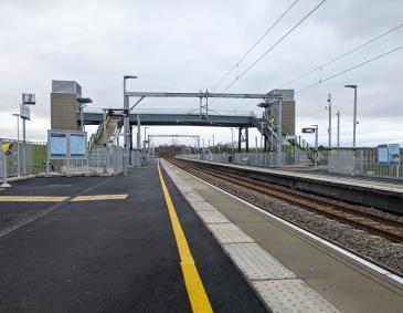 East Linton station platform and footbridge.