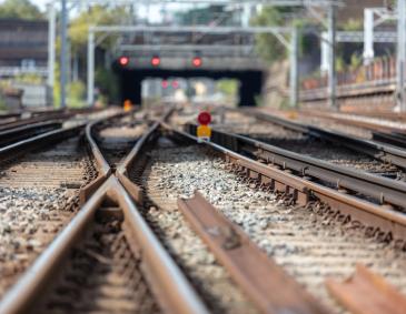 Photo of UK railway track taken low to the ground. 