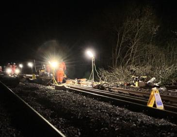 Rail workers welding at night